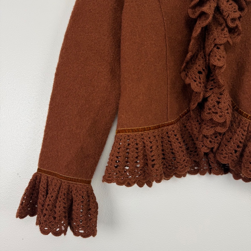 Vtg Lisa International Boiled Wool Blazer Jacket‎ M Crochet Ruffle V-Neck Brown - Picture 4 of 16